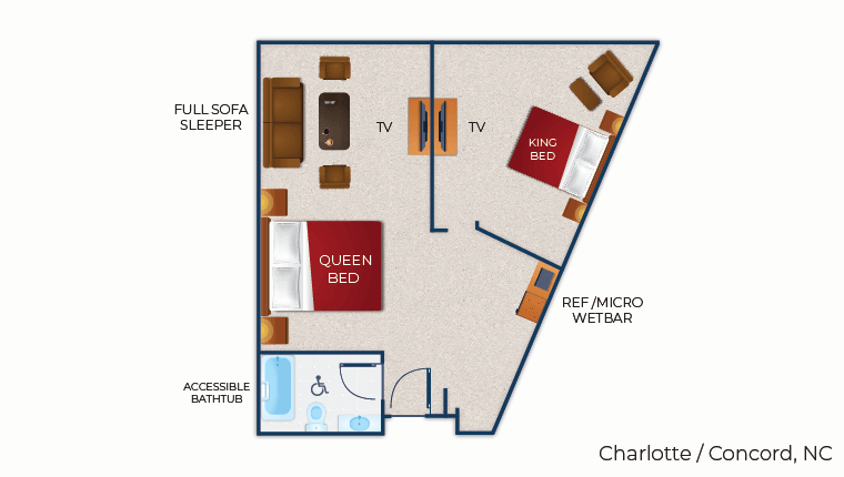 The floor plan for the accessible bathtub Royal Bear Suite 